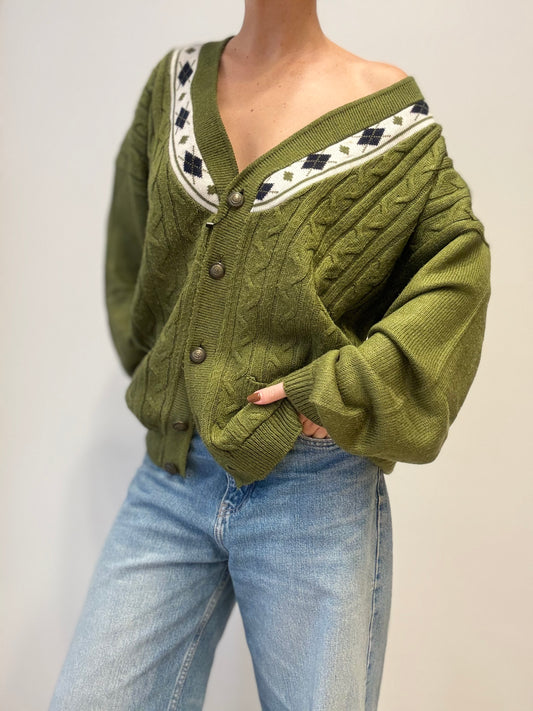 Vintage Olijfgroene Kabeltrui Cardigan met Ruitdetail