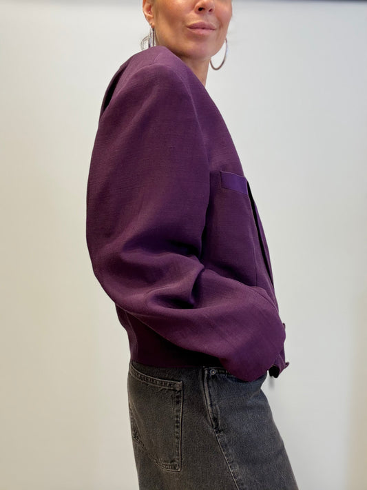 Vintage Double-Breasted Purple Blazer with Satin Lapel