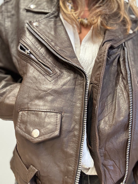 Vintage Brown Leather Biker Jacket – Belted with Silver Hardware