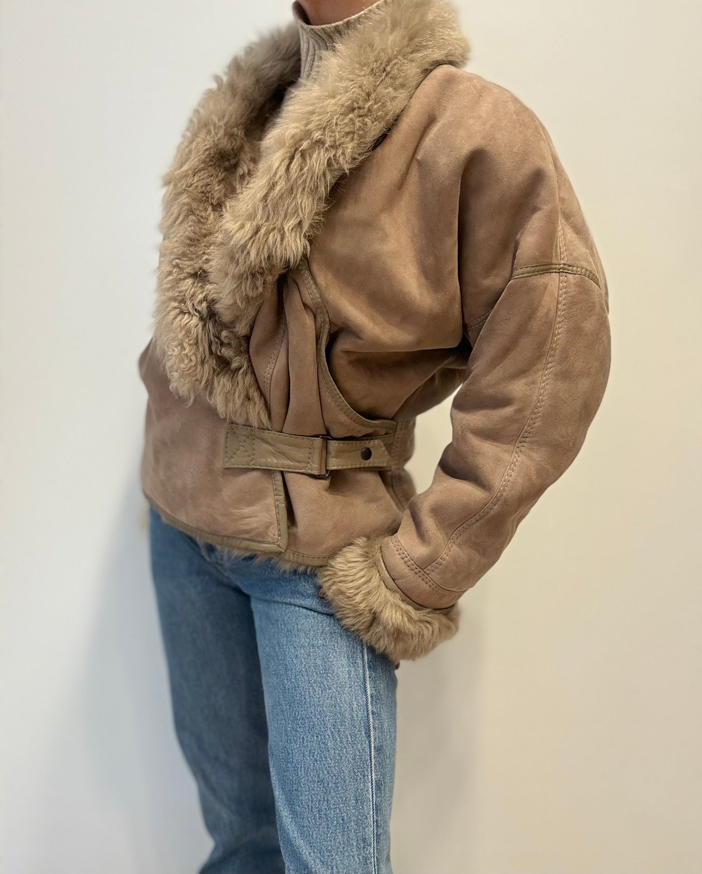 Vintage Shearling Jacket in Taupe Beige