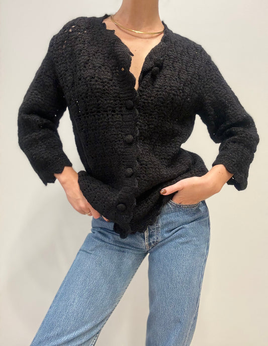 Vintage Hand-Crocheted Cardigan in Black