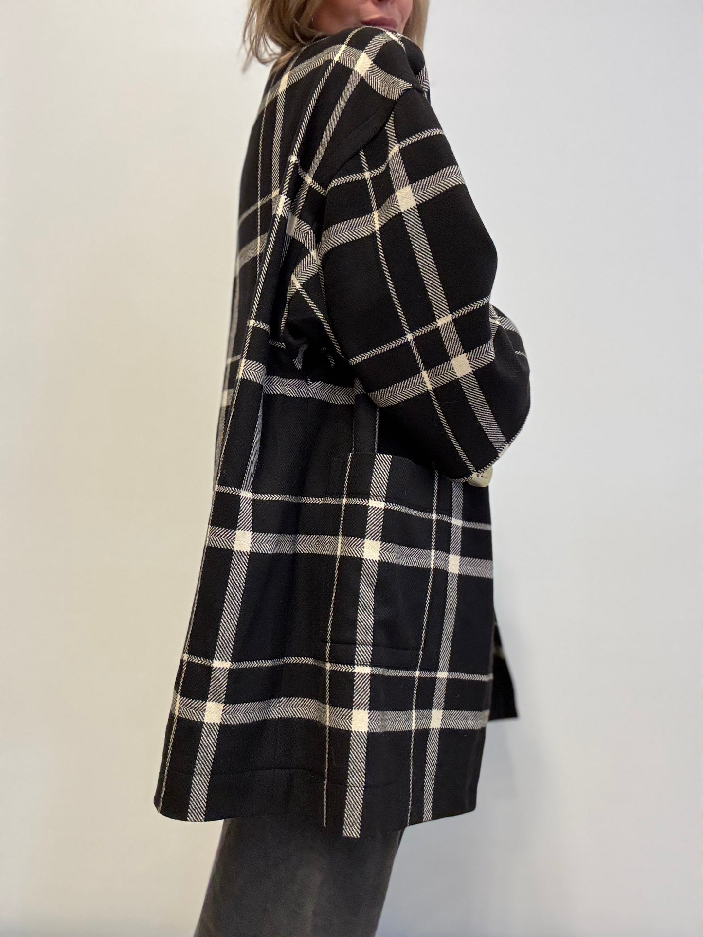 Vintage Oversized Checked Coat in Black & Cream