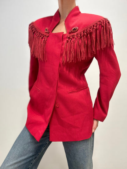 Vintage Italiaanse Wollen Blazer met Franjes in Dieprood
