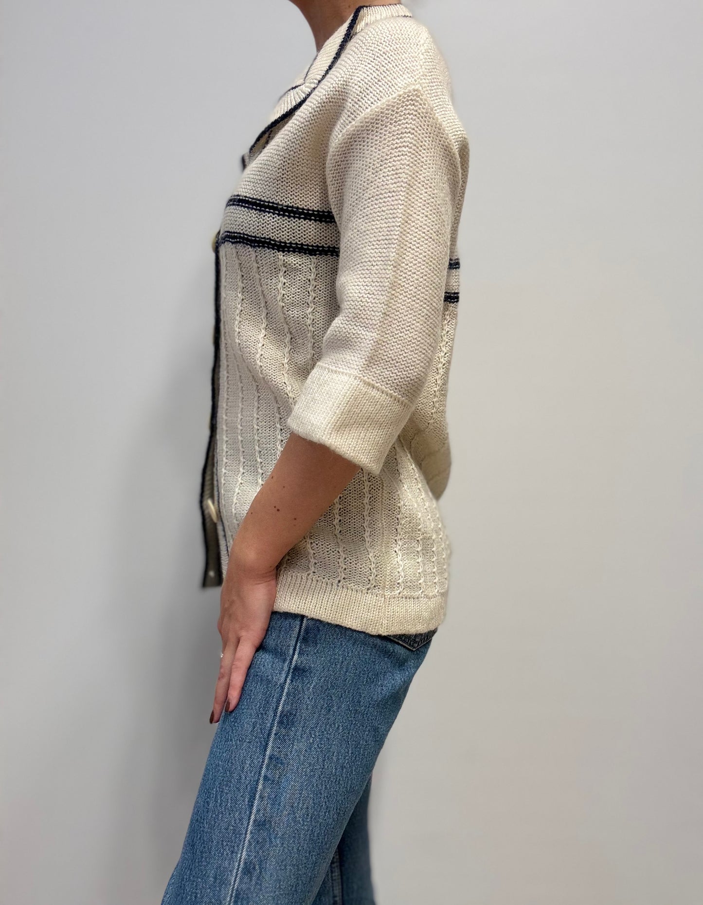 Vintage Crèmekleurig Gebreid Vest met Blauwe Strepen