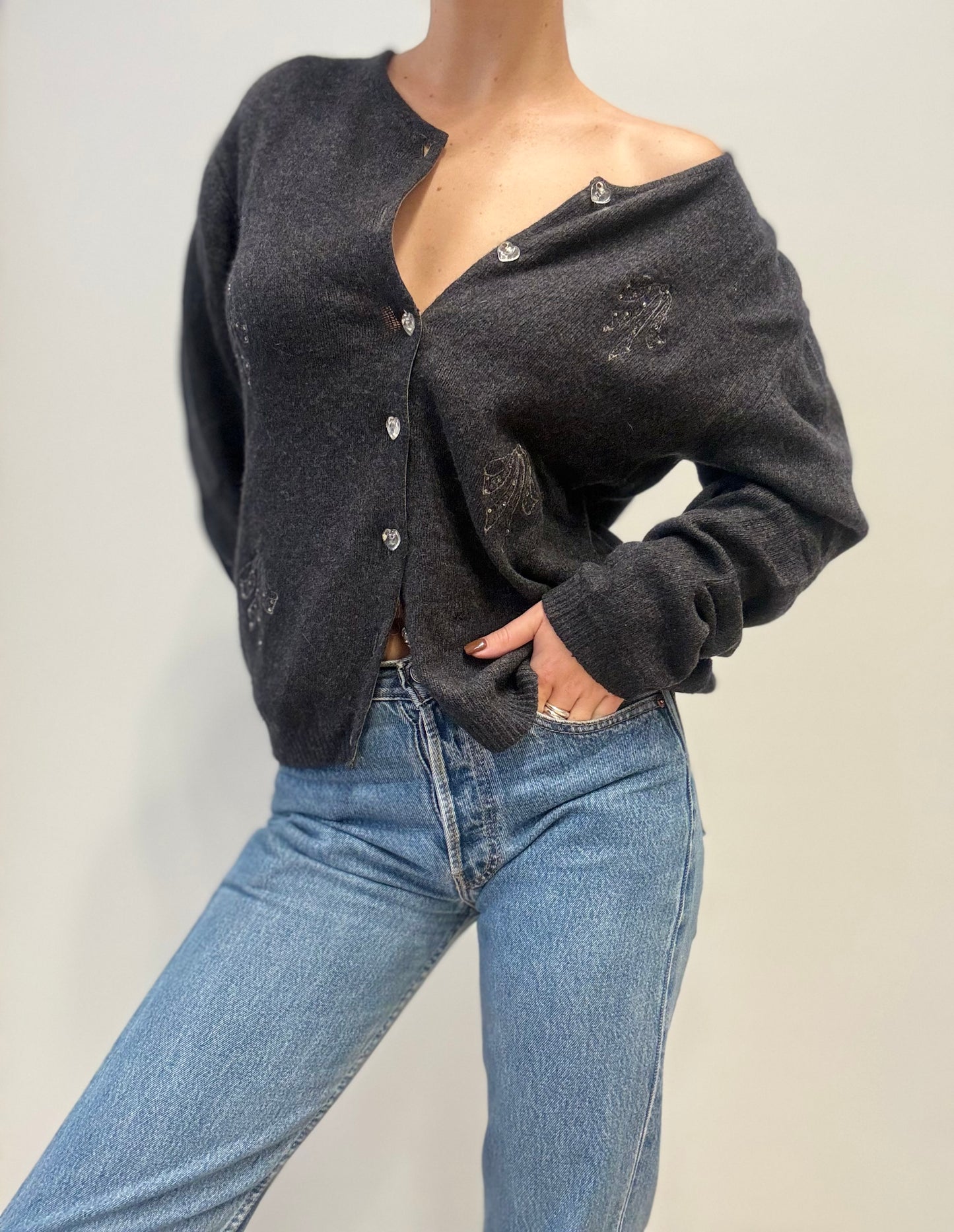 Vintage Wool-Blend Cardigan with Beaded Embellishments in Charcoal Grey