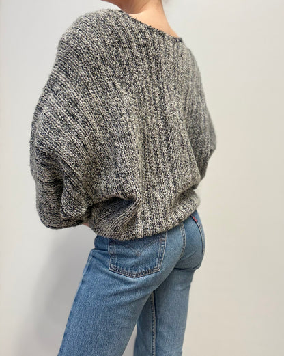 Vintage Grijs-Zwart Handgebreid Vest met Knoopdetail