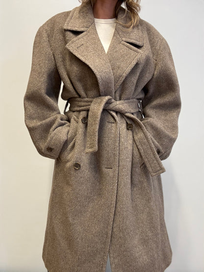Vintage Wool-Blend Coat in Taupe Herringbone