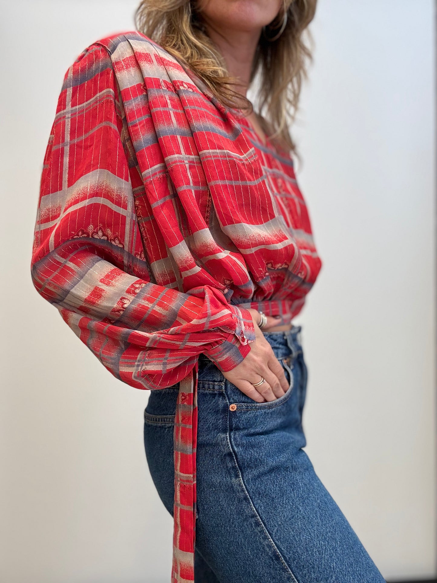 Vintage Red & Silver Blouse with Shoulder Pads