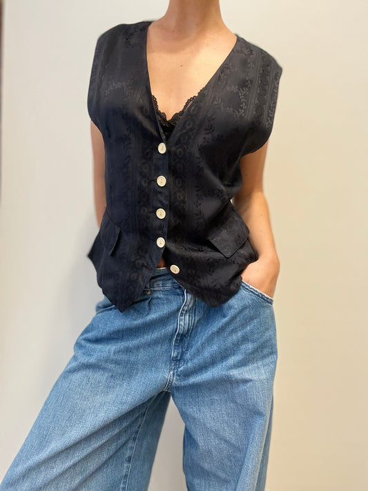 Vintage Black Silk Vest with Floral Jacquard Pattern