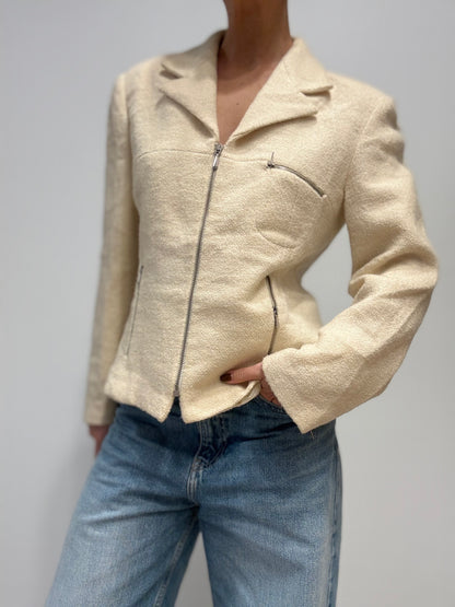 Vintage Crèmekleurig Wollen Jasje met Ritsdetails