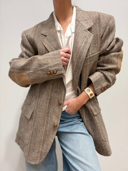 Vintage Wolblend Blazer met Visgraatpatroon