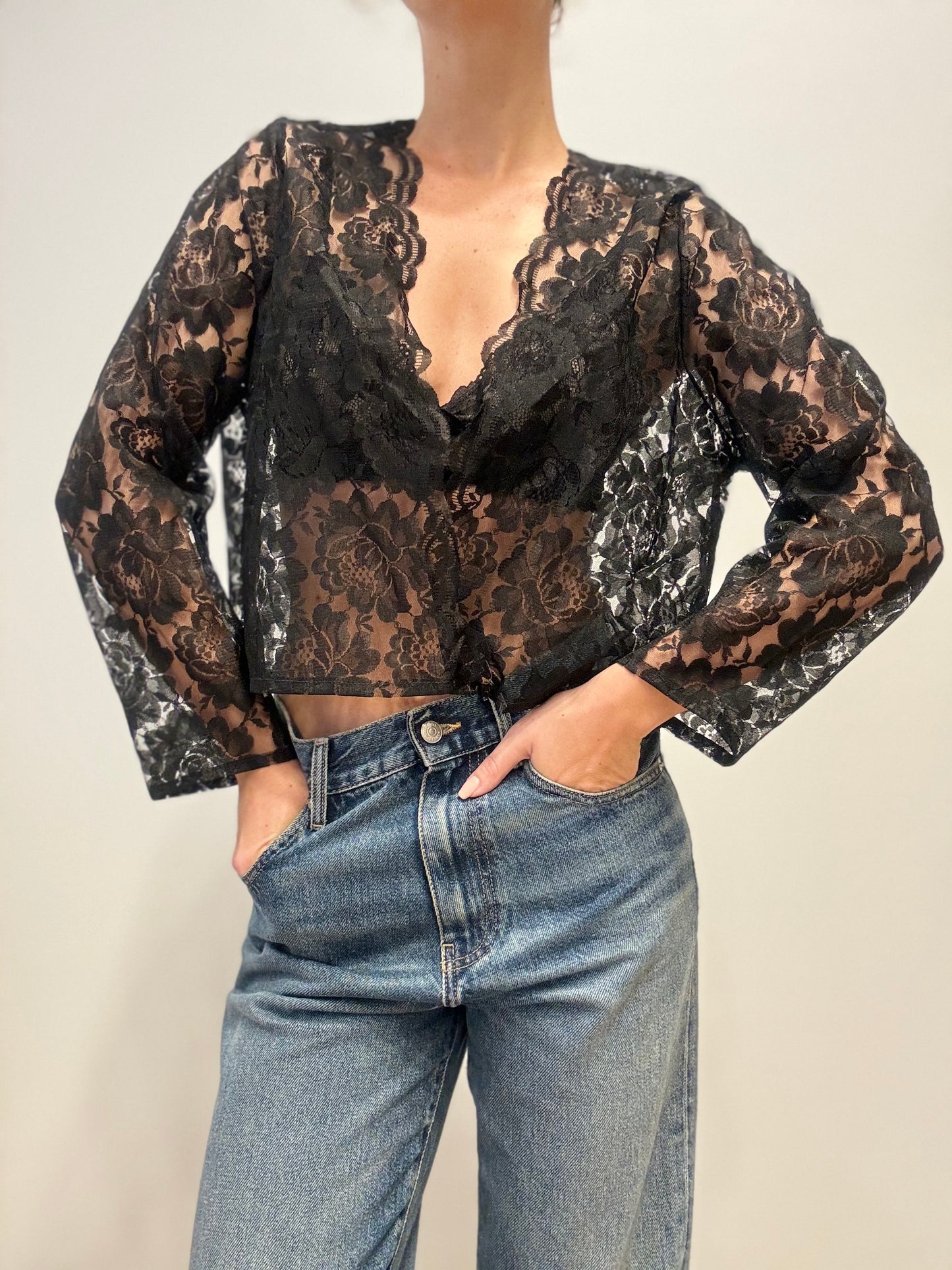 Vintage Sheer Lace Blouse in Black