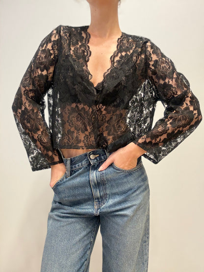 Vintage Sheer Lace Blouse in Black