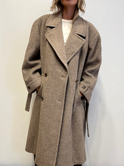 Vintage Wool-Blend Coat in Taupe Herringbone