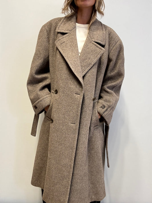 Vintage Wool-Blend Coat in Taupe Herringbone
