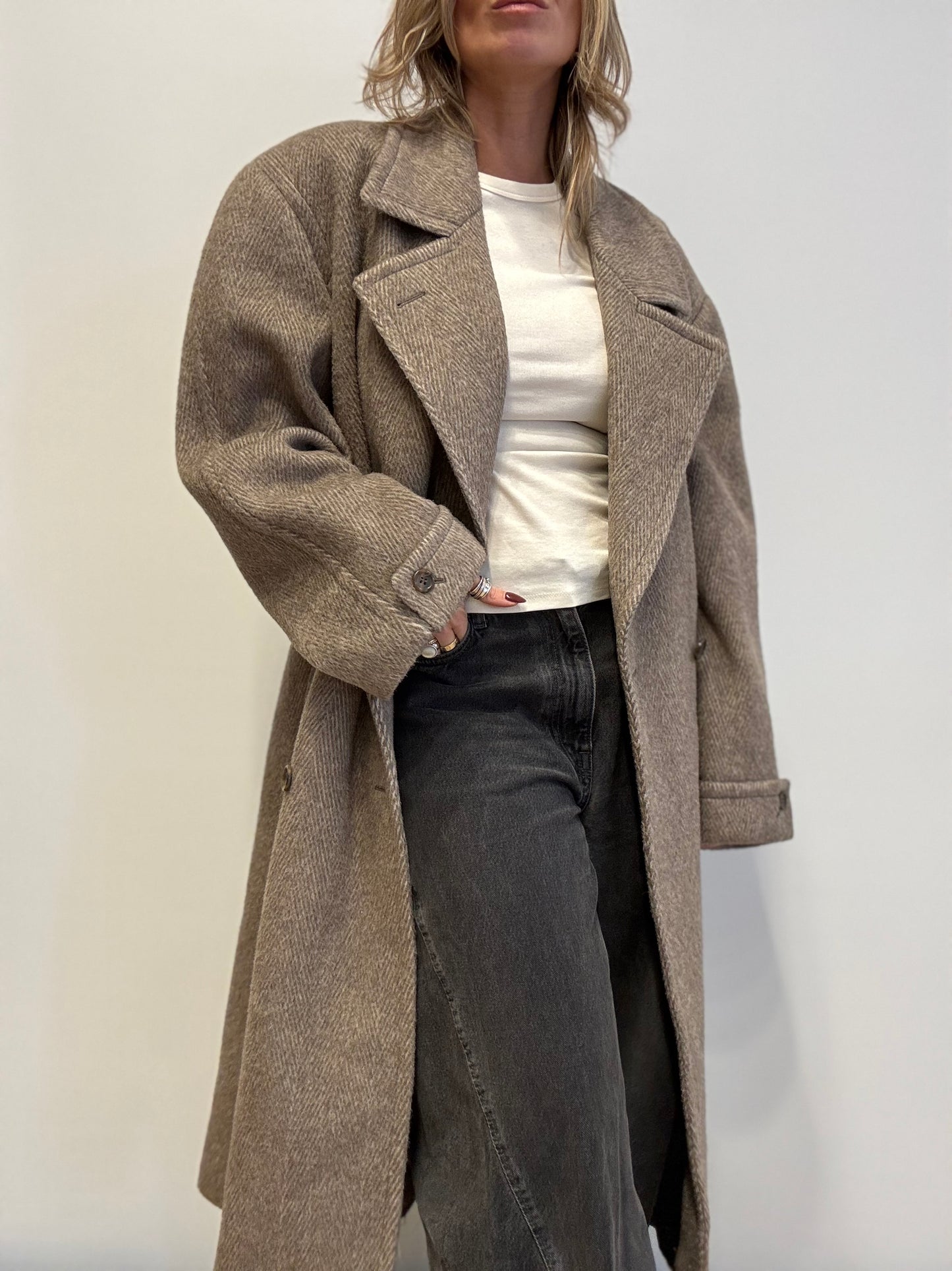 Vintage Wool-Blend Coat in Taupe Herringbone