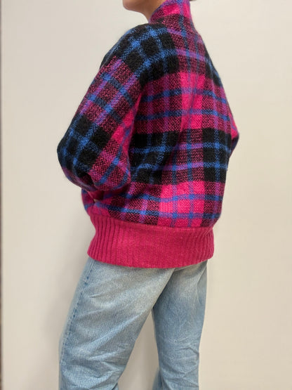 Vintage Geruite Cardigan in Fuchsia, Zwart en Blauw
