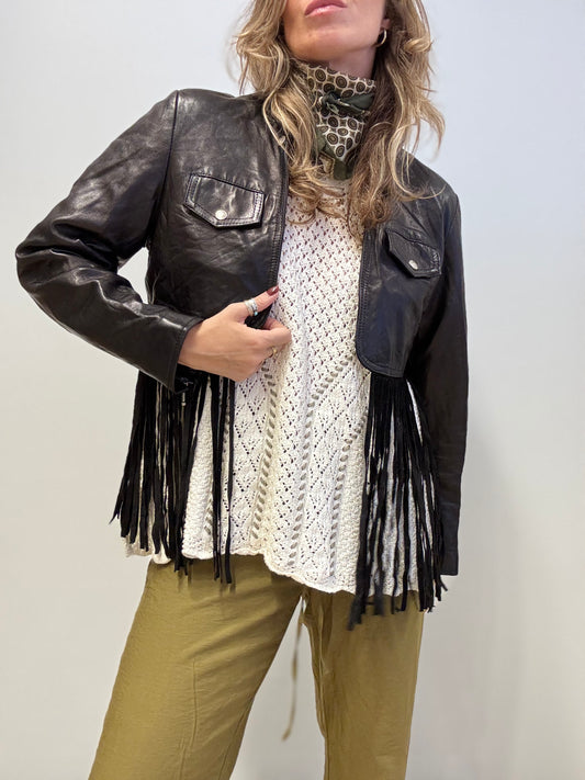Black cropped leather fringe jacket