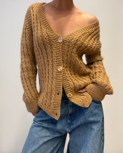 Vintage Cable Knit Cardigan in Caramel Brown