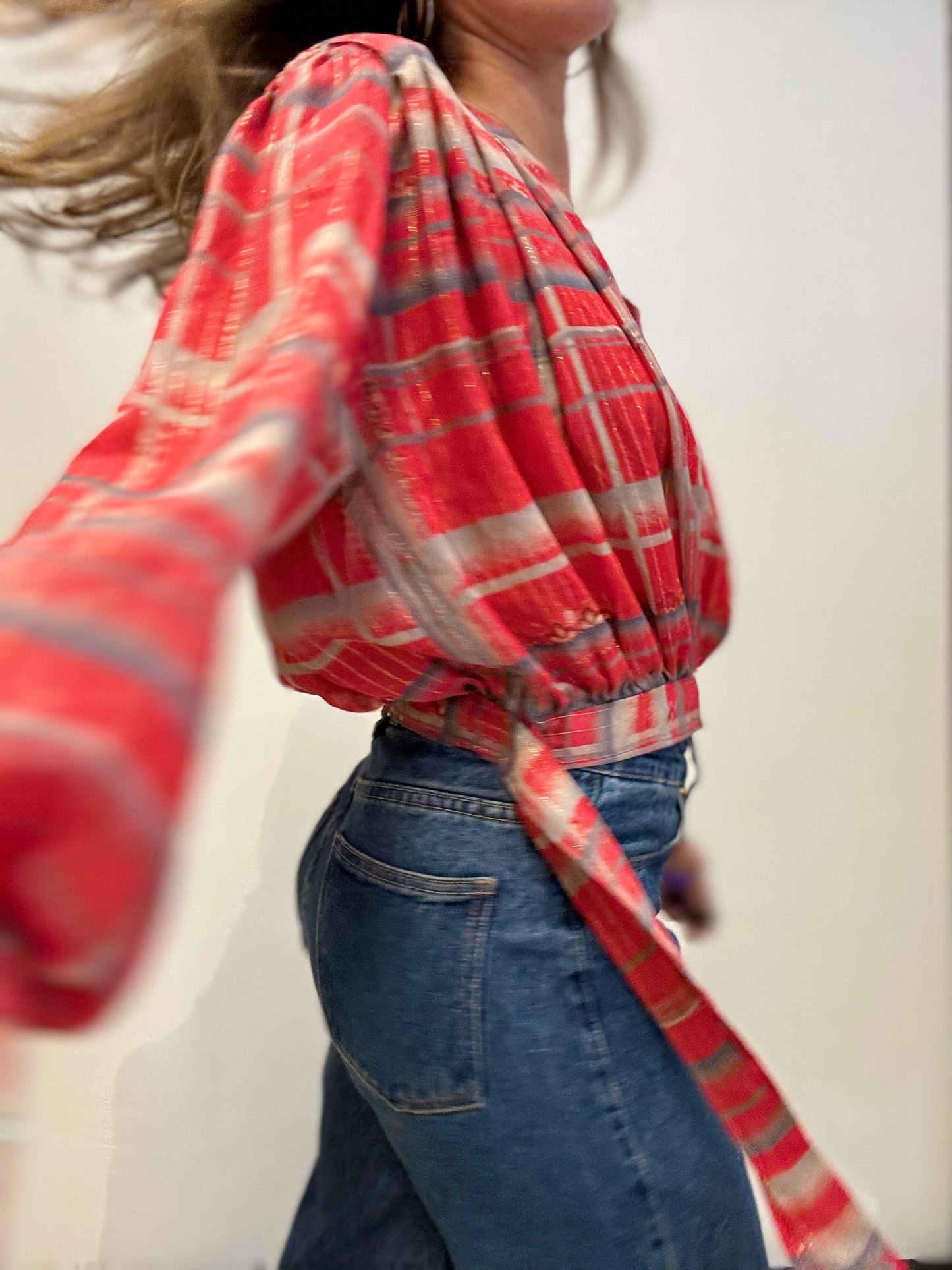 Vintage Red & Silver Blouse with Shoulder Pads