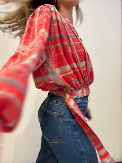 Vintage Red & Silver Blouse with Shoulder Pads