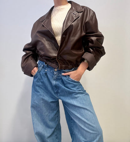 Vintage Cropped Leather Jacket in Dark Brown