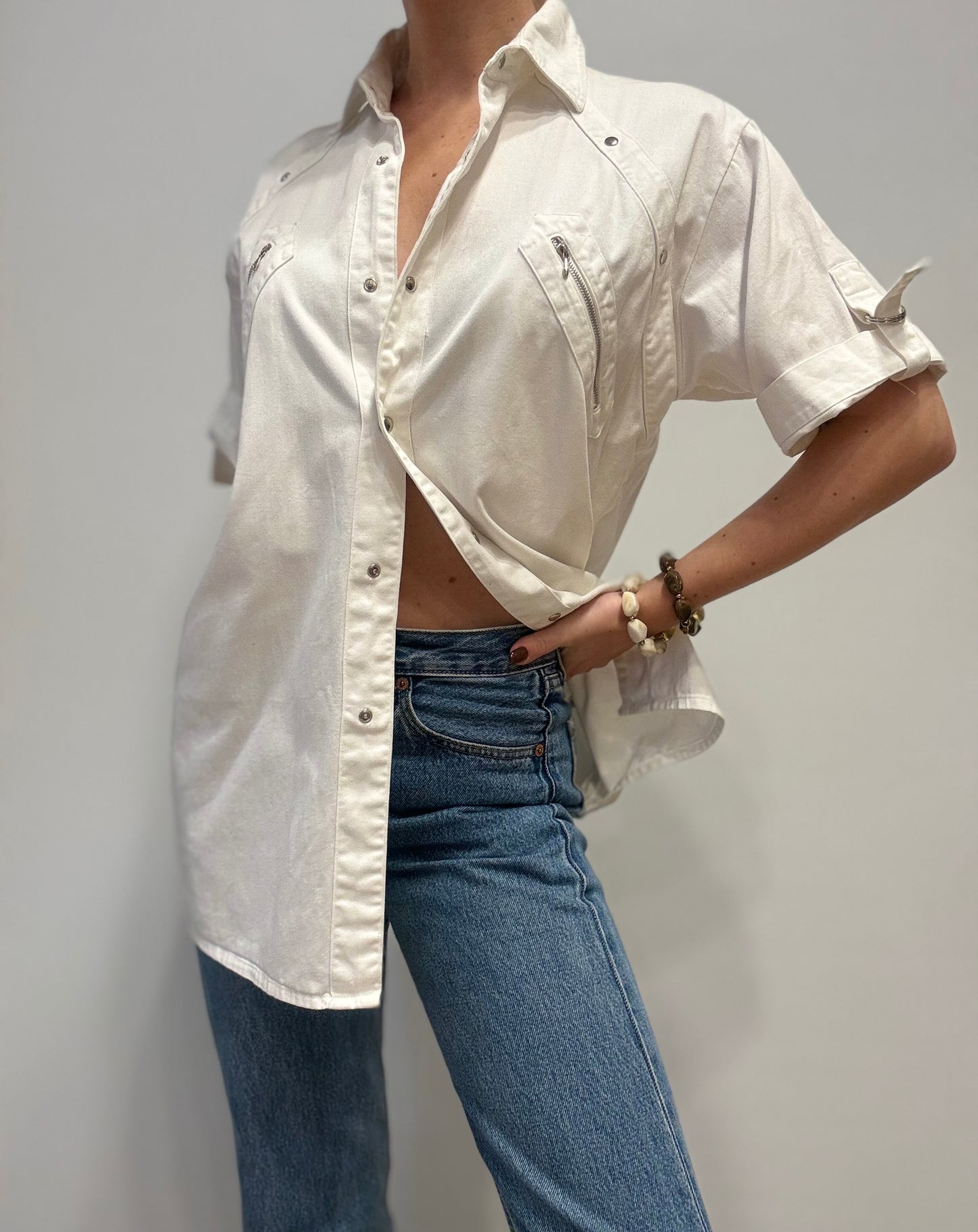 Vintage White Denim Shirt with Zipper Pockets