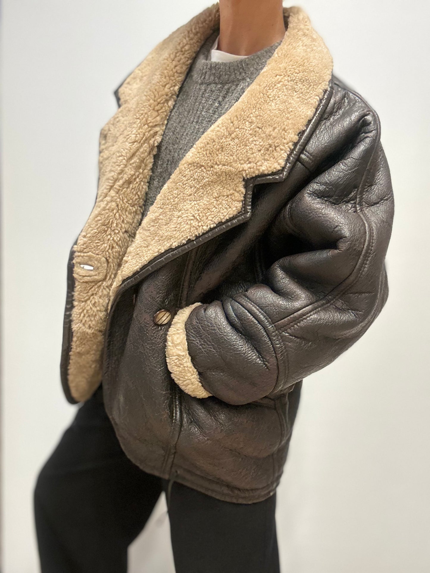 Vintage shearling Leren Jas in Donkerbruin