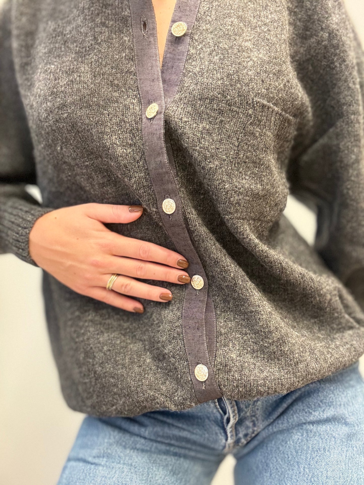 Vintage Wool-Blend Cardigan with Contrast Trim in Charcoal Grey