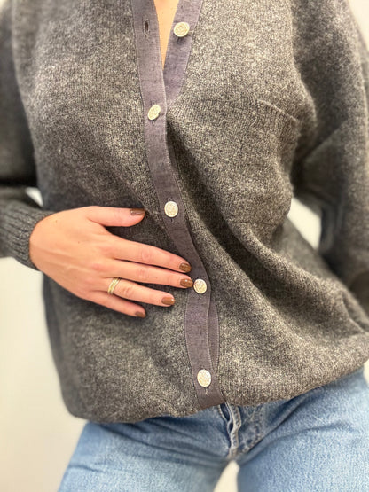 Vintage Wool-Blend Cardigan with Contrast Trim in Charcoal Grey