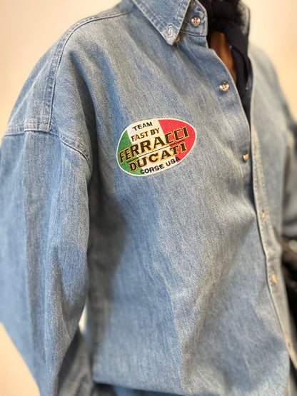 Vintage Racing-Inspired Denim Shirt with Embroidered Patch