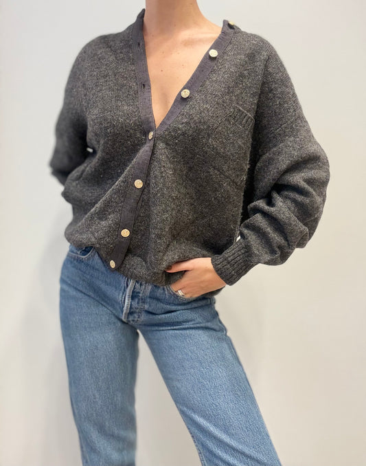 Vintage Wool-Blend Cardigan with Contrast Trim in Charcoal Grey