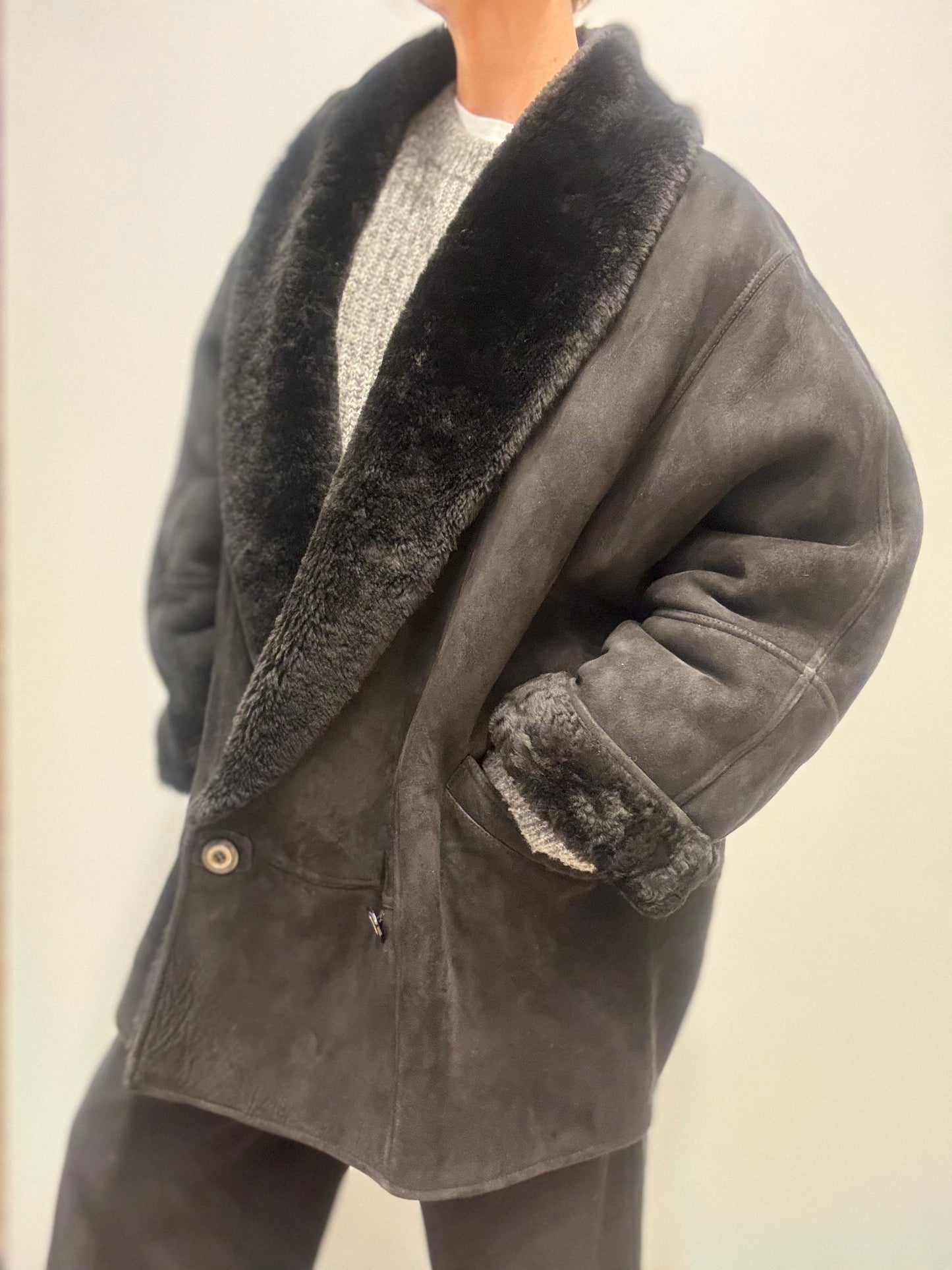 Vintage Shearling Jas in Zwart