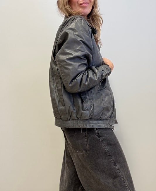 Vintage Grey Leather Bomber Jacket