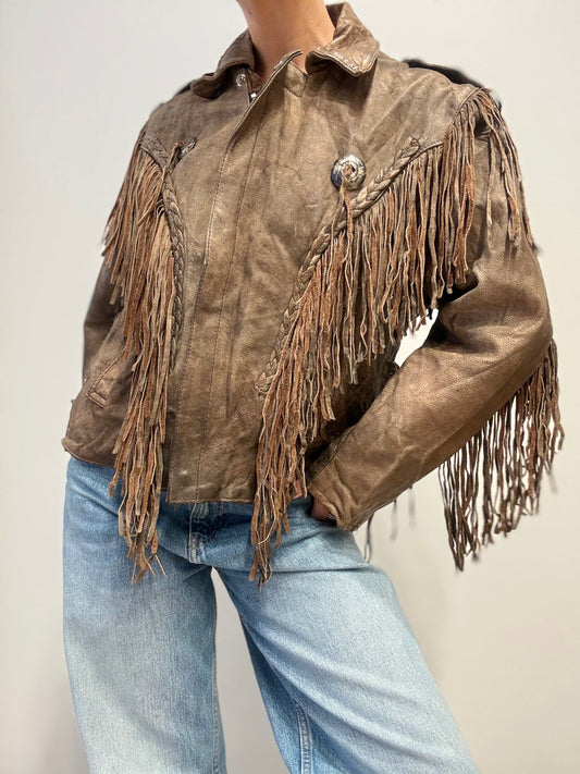 Vintage Western Leren Fringe Jas