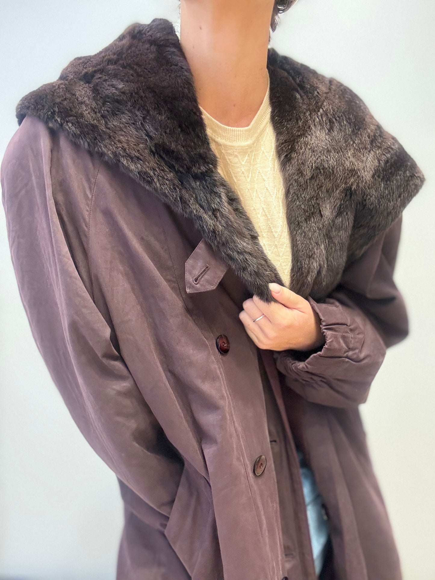 Vintage Maxi Coat with Fur Collar in Burgendy