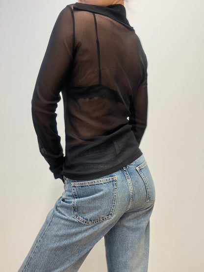 Vintage Sheer Button-Up Blouse in Black