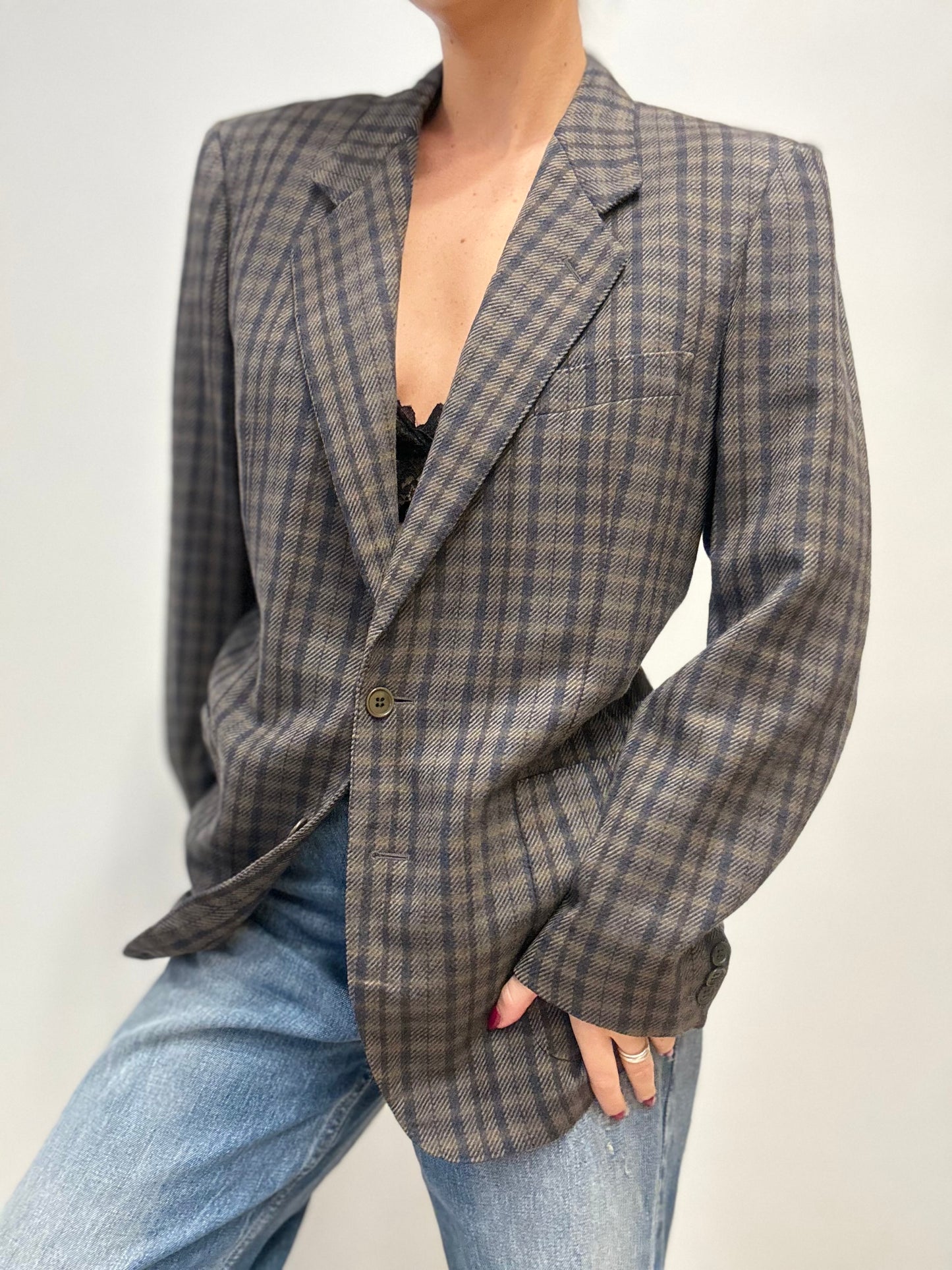 Vintage Burberry Blazer in Grijsblauw Ruitpatroon