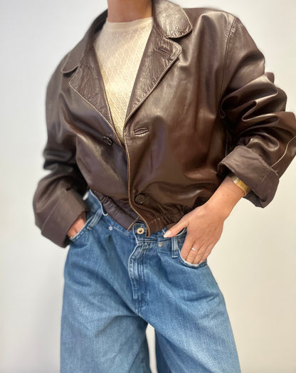 Vintage Cropped Leather Jacket in Dark Brown