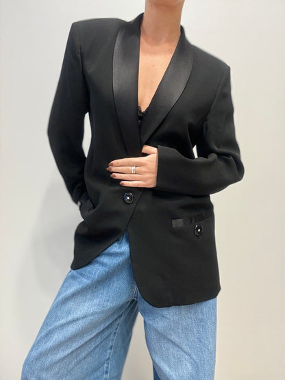 Vintage Zwarte Blazer met Satijnen Details