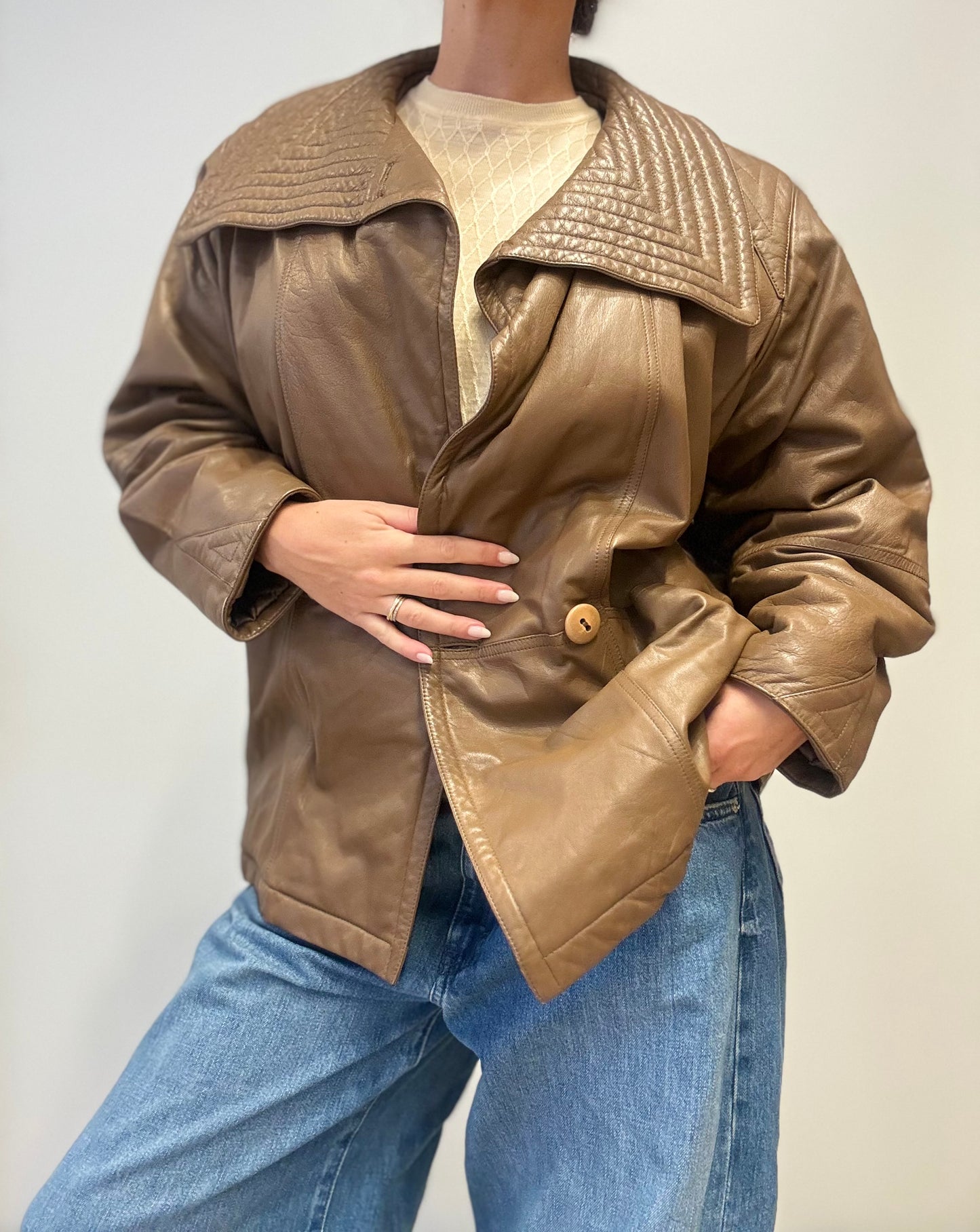 Vintage Leather Jacket with Quilted Collar in Taupe Brown