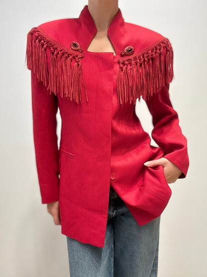 Vintage Italiaanse Wollen Blazer met Franjes in Dieprood