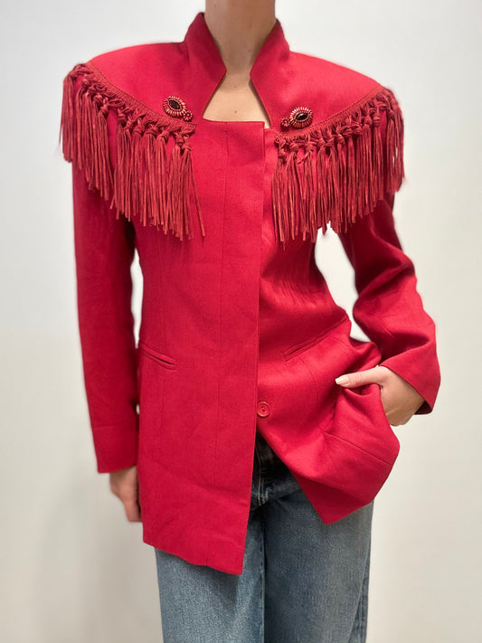 Vintage Italiaanse Wollen Blazer met Franjes in Dieprood