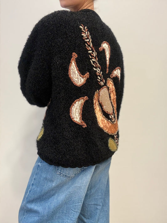 Vintage Black Textured Cardigan with Embroidered Satin Detail