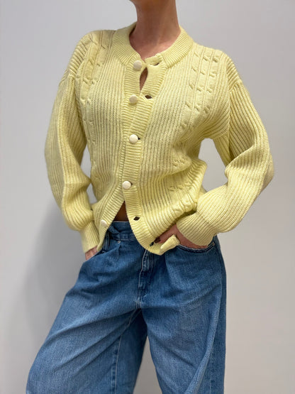 Vintage Alan Brown Cable-Knit Cardigan in Pastel Yellow — Made in Italy