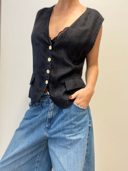 Vintage Black Silk Vest with Floral Jacquard Pattern