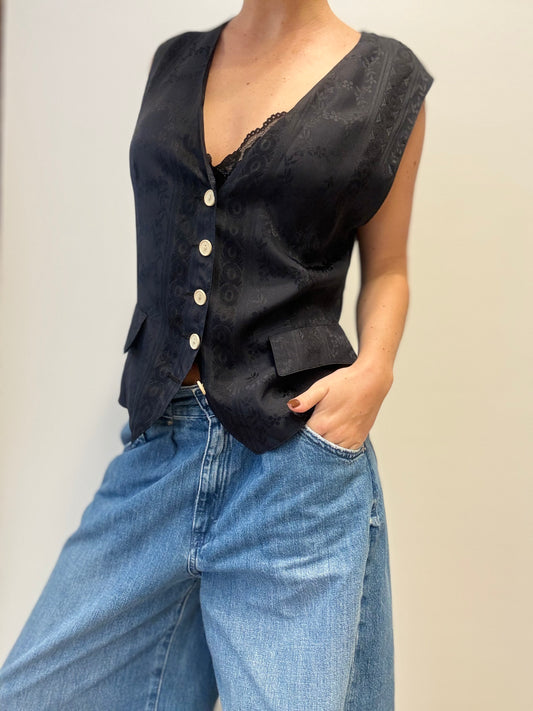 Vintage Black Silk Vest with Floral Jacquard Pattern