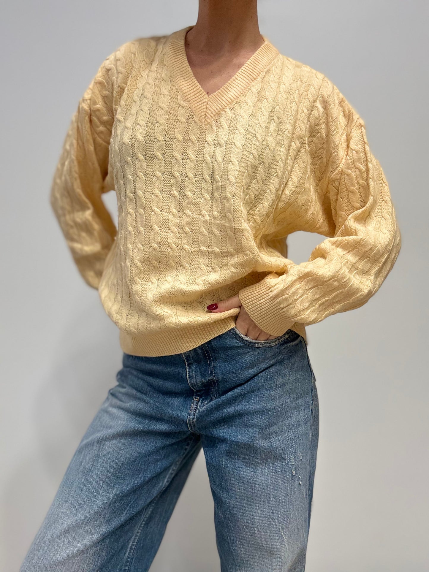 Vintage Kabelgebreide Trui in Zacht Geel