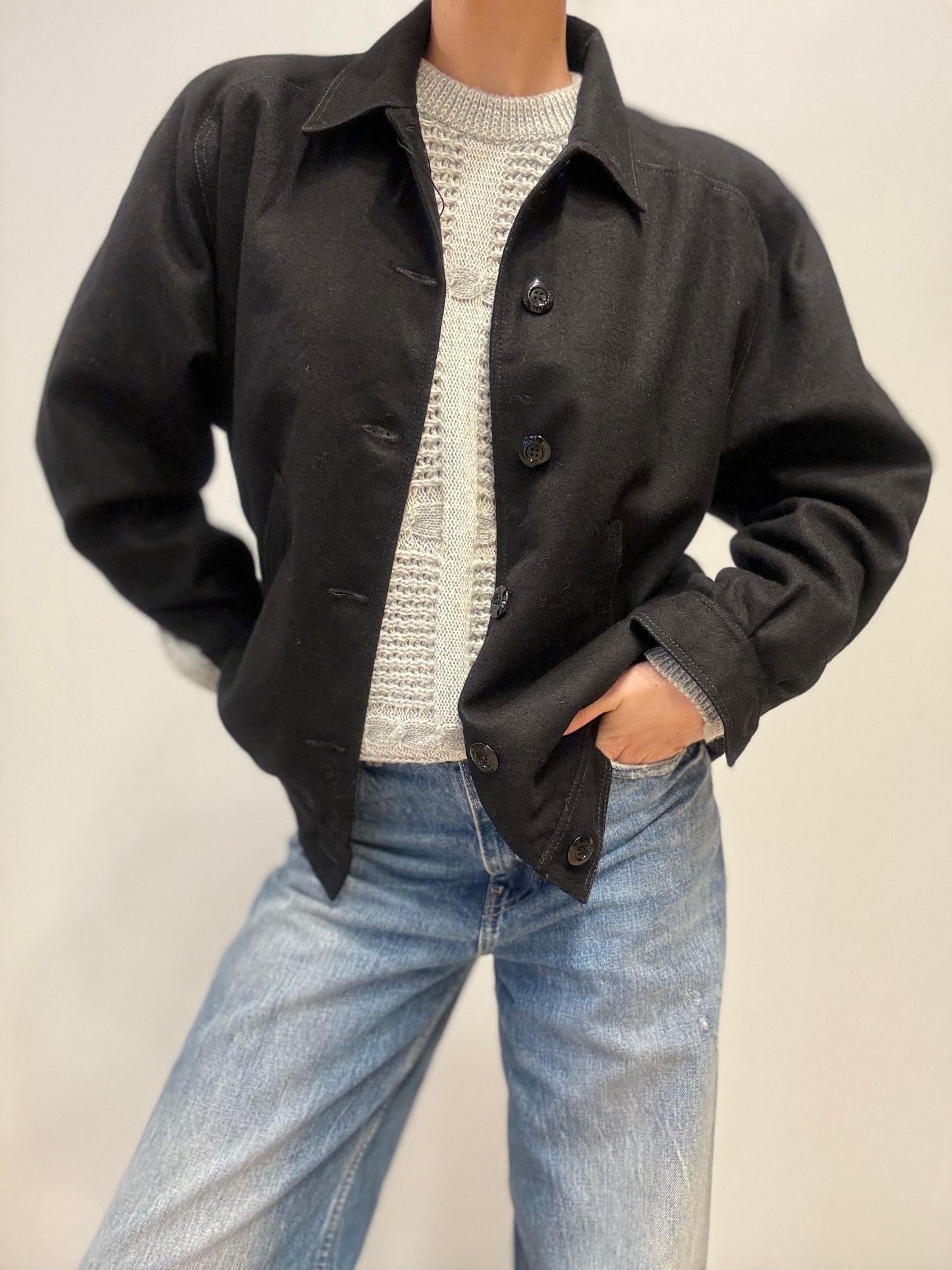 Vintage Wollen Bomber Jas in Zwart