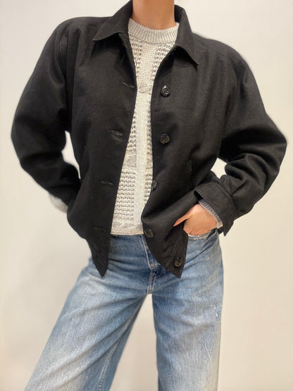 Vintage Wollen Bomber Jas in Zwart